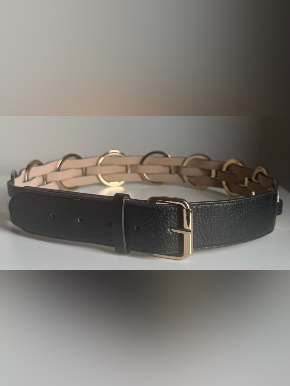 BCBGMAXAZRIA Black Statement Belt Gold Ring Hardware Size L BNWOT